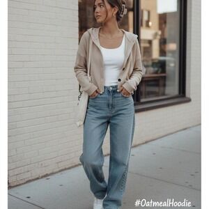 White Birch Waffle Knit Hoodie M Oatmeal Beige Cropped Button Down Quiet Luxury